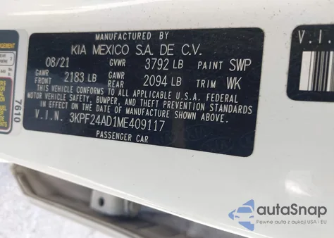 2021 Kia Forte Lxs из США, поврежденный, VIN 3KPF24AD1ME409117